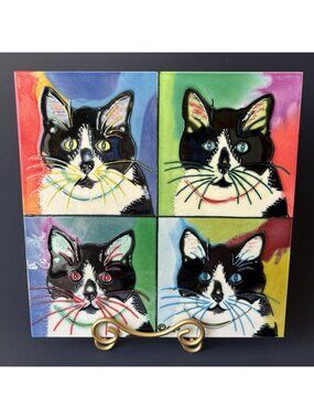 Black White Tuxedo Cat Decorative Ceramic Art Tile Warhol Style with Stand 8x8"